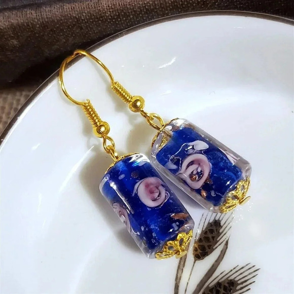 Cobalt Blue Murano Lampwork Glass Flower Inside Vintage Bead Round Tube Earrings - Picture 2 of 10
